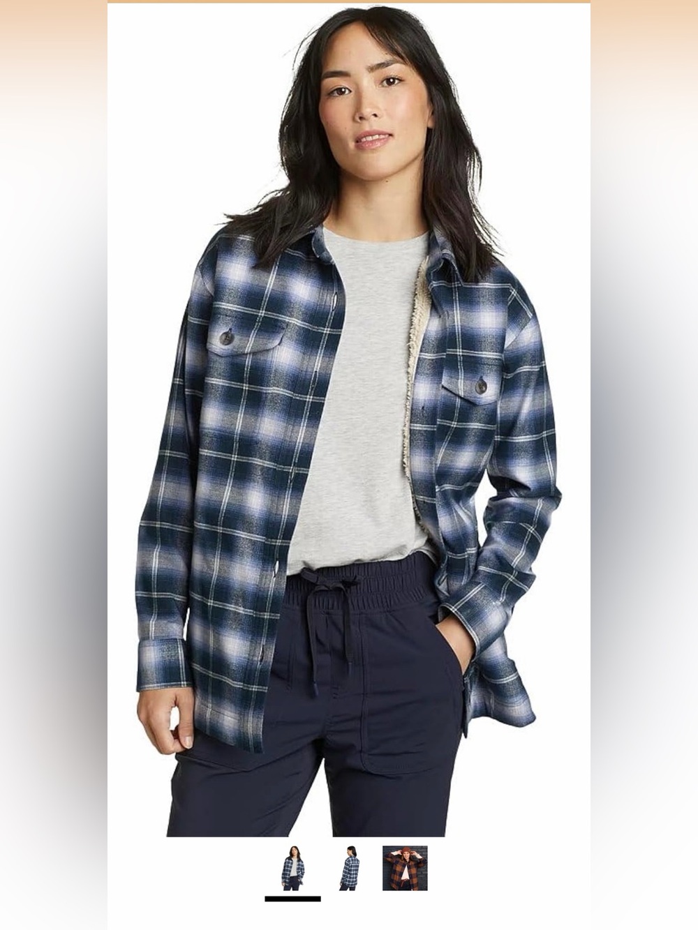 NWT Eddie Bauer Navy and White Plaid Sherpa-Lined Utility Jacket